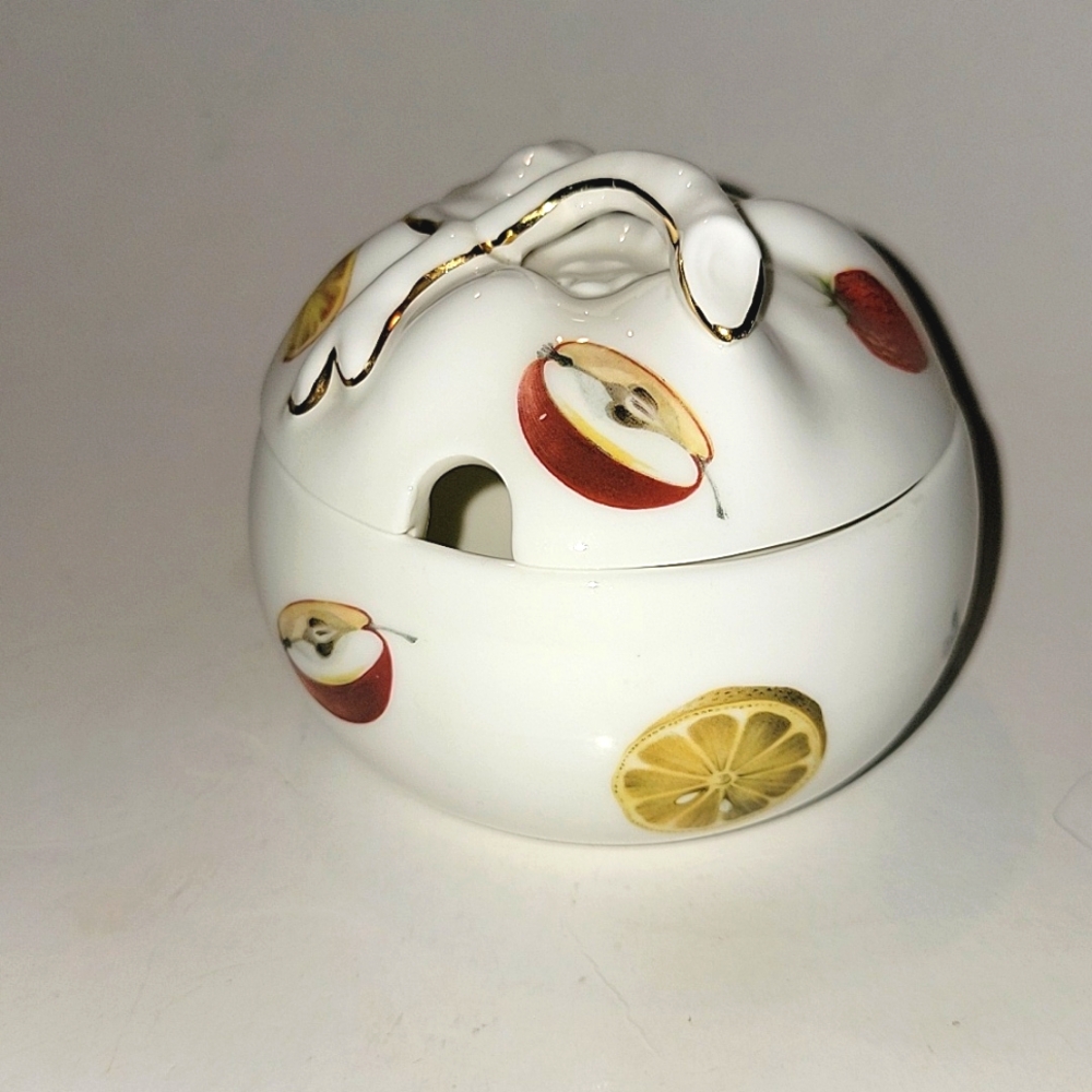 Vintage Royal Kent Bone China Jam/Sugar Bowl with Lid Fruit Motif